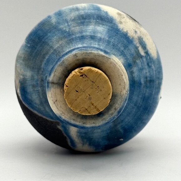 Raku Studio Art Ceramic Pottery Vase Signed With Cork Stopper Blue White 3.5 in - Picture 8 of 10